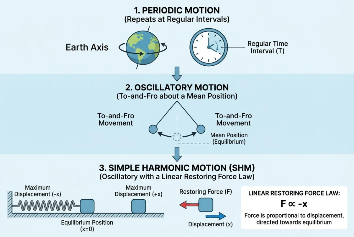 Illustration for Simple Harmonic Motion For NEET: Spring, Pendulum And Energy Concepts: Periodic motion repeats itself at regular intervals of time, such as the rotation of the Earth or the movem...