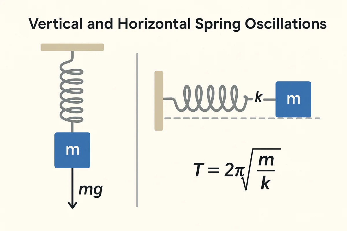 Illustration for Simple Harmonic Motion For NEET: Spring, Pendulum And Energy Concepts: Vertical and Horizontal Spring Oscillations In a horizontal system, the only restoring force is provided by...