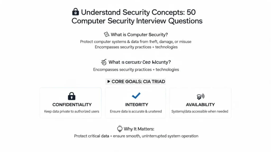 Illustration for Understand Security Concepts: 50 Computer Security Interview Questions: Computer security involves protecting computer systems and data from theft, damage, or misuse. It encompass...
