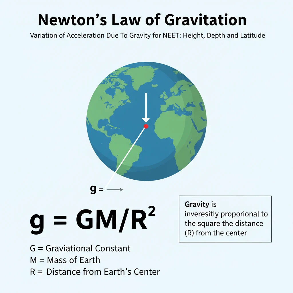 Illustration for Variation of Acceleration Due To Gravity for NEET: Height, Depth and Latitude: Newton's Universal Law of Gravitation provides the mathematical foundation for calculating ##g##. The formu...