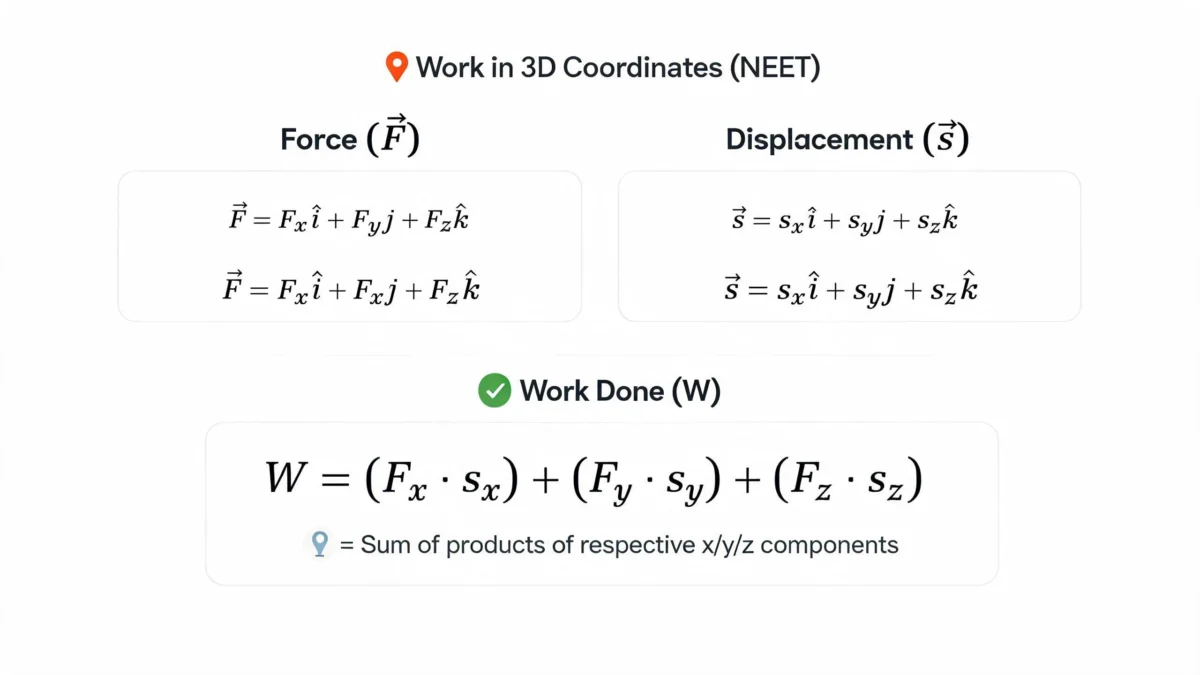 Illustration for Work, Energy And Power For NEET: Formula-Based Problem Solving Guide: In three-dimensional coordinate systems, if force and displacement are given in unit vector notation, work ...